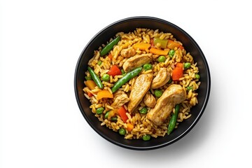 Szechuan chicken fried rice served in a black bowl against a white backdrop This Indo Chinese dish includes bell peppers green beans carrots and chicken Bird s