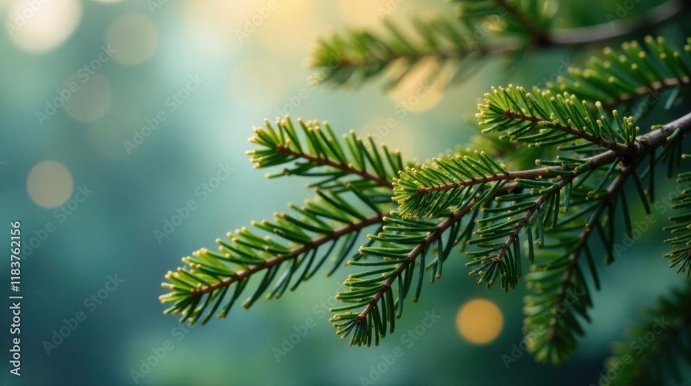 Poster Close-up of Vibrant Green Evergreen Branch with Soft Bokeh Background