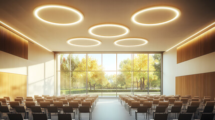 Contemporary lecture hall with circular lighting and wide windows, learning environment