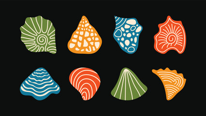 A vibrant set of eight abstract seashell designs in bold colors and dynamic patterns