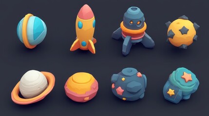 Cute Cartoon Space Objects: Rockets, Planets, and Asteroids