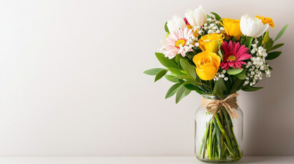 Fototapeta premium vibrant bouquet of yellow roses, pink daisies, and white tulips in glass vase with rustic twine accent, set against neutral background