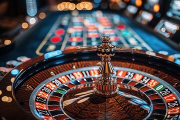 Naklejka premium Close up of a roulette wheel amidst a lively casino with bright lights and colorful slots