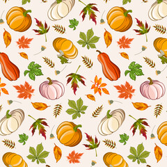 Illustration with pumpkins and leaves.Pumpkins, acorns and autumn leaves in a color pattern.