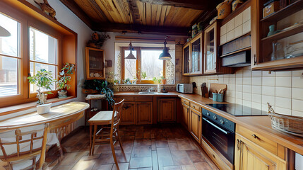Corner view on bright kitchen room interior with panoramic window