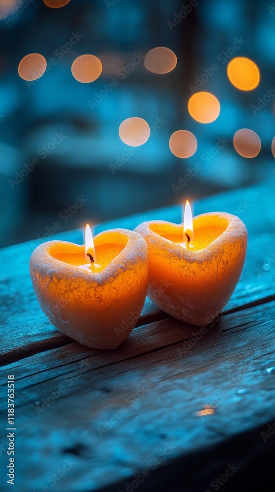 Poster nestled on a rustic wooden surface, two heart-shaped candles flicker softly, illuminating the surrou