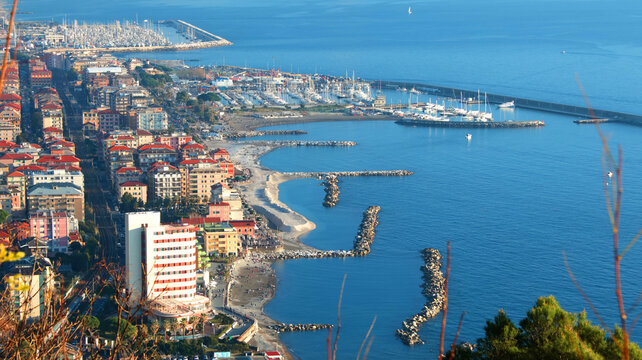 Chiavari, Italy - December 29, 2024. Resort town by the sea. Tourism, marina, yachts and recreation. View from mountain on sunny day. 