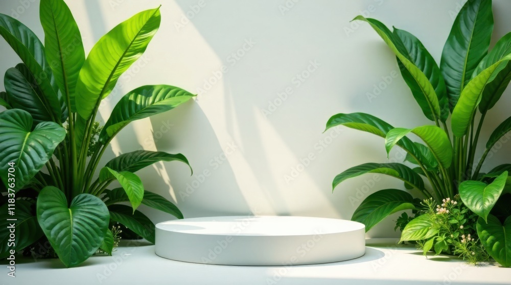 Poster white circular display platform flanked by lush green foliage in soft sunlight