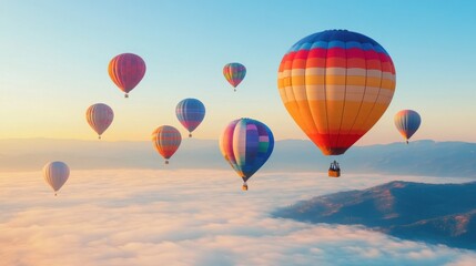 Fototapeta premium Colorful Hot Air Balloons Soaring Above a Misty Mountain Landscape at Sunrise