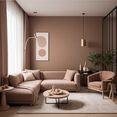 Fototapeta premium Modern living room interior with luxury sofa and indoor plants in Pantone color of the year 2025 Mocha Mousse