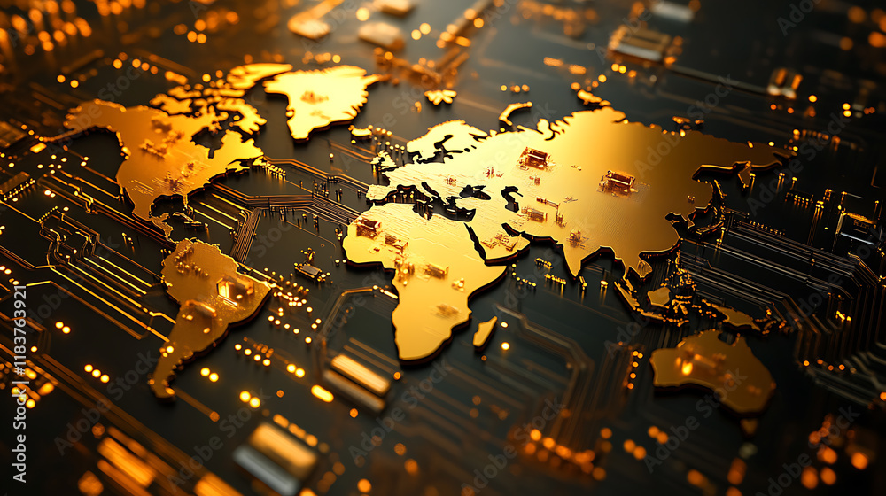 Poster Digital art of a gold world map elements on a microchip background