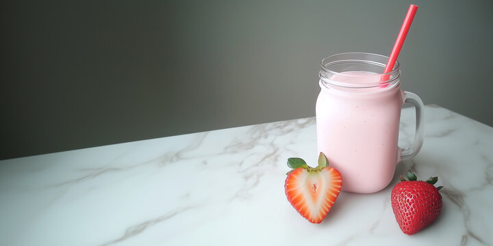 a creamy strawberry smoothie in a mason jar with a straw isolated on a gray background with copy space