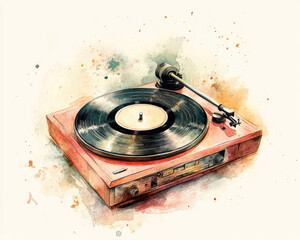Soft Watercolor of a Vintage Record Player Spinning a Classic Vinyl