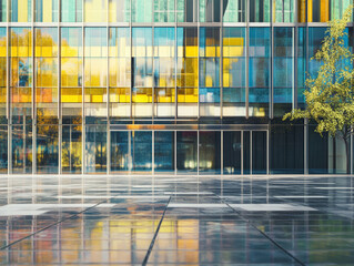 Obraz premium Intricate modernist building facade with detailed reflections and overlays.