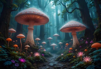 Magical Forest with Giant Mushrooms and Glowing Lights