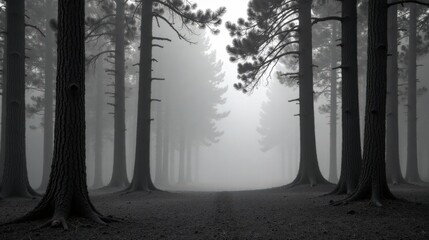 Mysterious Fog Envelops a Dark and Serene Pine Forest Pathway