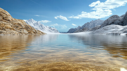 Fototapeta premium serene landscape featuring golden mountains and tranquil lake reflects sky