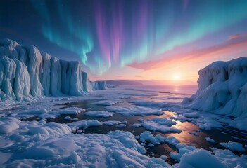 Arctic Landscape with Ice Formations and Aurora Borealis