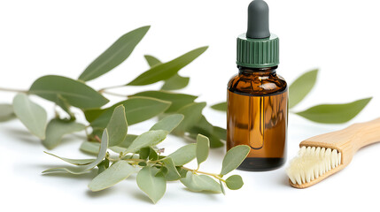 Eucalyptus oil, brush and bottle of natural oils on white background design