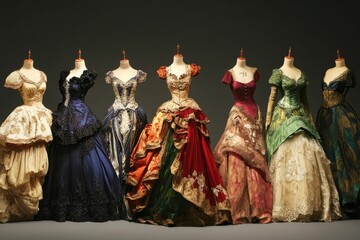 Fototapeta premium Six ornate gowns displayed on mannequins.