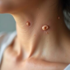 Fototapeta premium Close-up view of skin lesions on a person's neck. Medical image showing various skin conditions.