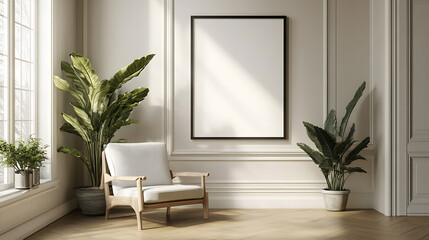 Front view on bright office room interior with empty poster