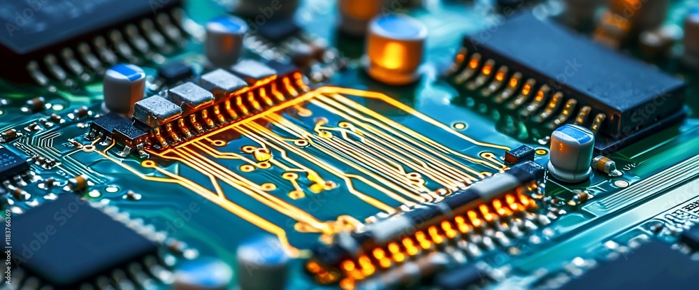 Poster close-up of a circuit board's intricate design, showcasing its complex electronic components and pat