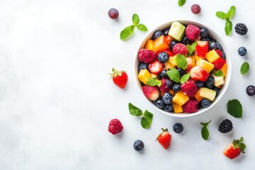 Tasty fruit mix in a bowl on white