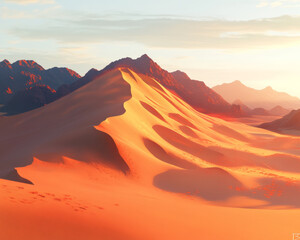 A serene golden hour scene of blending sand dunes creating swirling patterns in the light.