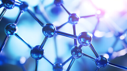 Close-up of a molecular structure with blue spheres and connecting bonds on a soft gradient background