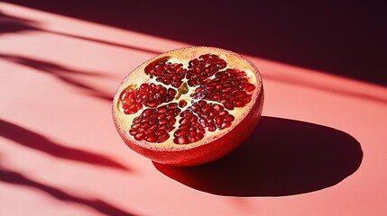 Halved Pomegranate on Pink Surface Showcasing Vibrant Seeds