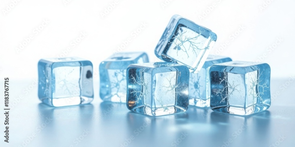 Aufkleber Crystalline Ice Cubes with Internal Branching Patterns on a Reflective Surface