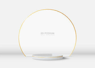 Realistic white 3D cylindrical podium background with floating overlap circles gold lines. Minimalist mockup pedestal, abstract product display presentation, Stage showcase. Platforms vector design.