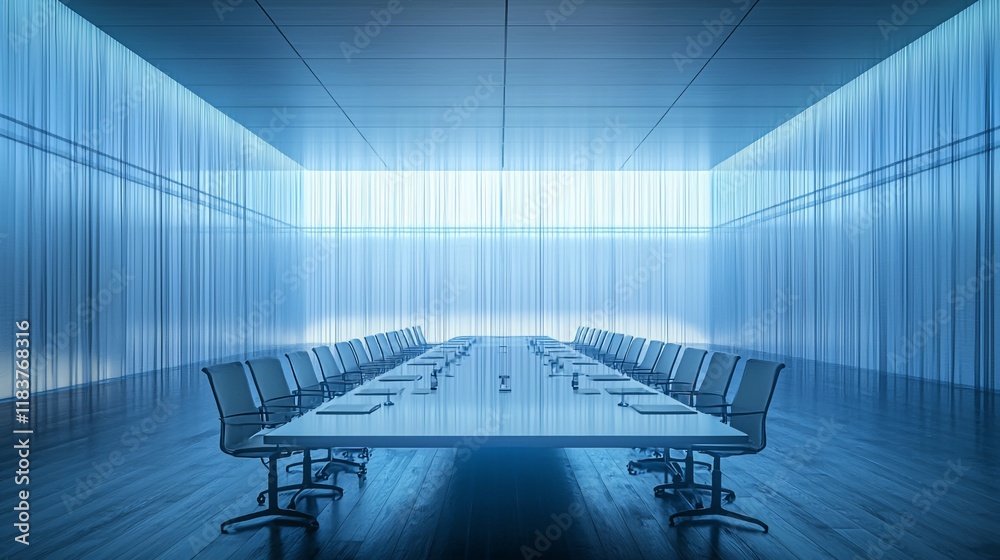 Poster modern empty conference room with long table and chairs.