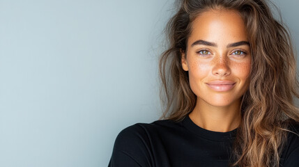 Fototapeta premium young woman with long hair and freckles smiles against light background