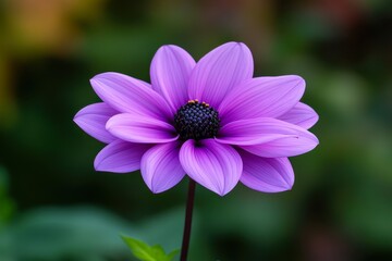 Obraz premium Vibrant purple flower with delicate petals and a contrasting dark center, perfect for nature-themed projects, card designs, or wellness materials to evoke tranquility and beauty,