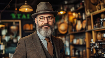 stylish man with beard and glasses, wearing hat and suit, stands confidently in vintage cafe filled with various items. warm atmosphere enhances his sophisticated look