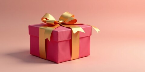 Obraz premium A Pink Gift Box with a Golden Ribbon Bow on a Pale Background