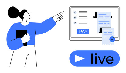 Woman holding a clipboard pointing at a computer screen showing an online payment form with completed tasks. Large live button with play symbol below. Ideal for e-commerce, online education