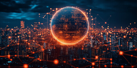 Obraz premium Futuristic digital network visualization urban cityscape digital art nighttime aerial view technology and connectivity concept