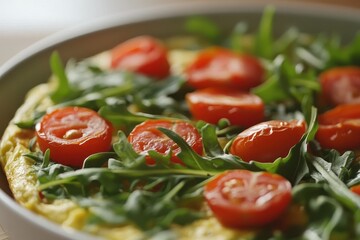 Tasty spring frittata ideal for brunch featuring arugula and cherry tomatoes