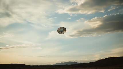 Hanging metallic orb against a dramatic cloudy sky at dusk, copy space