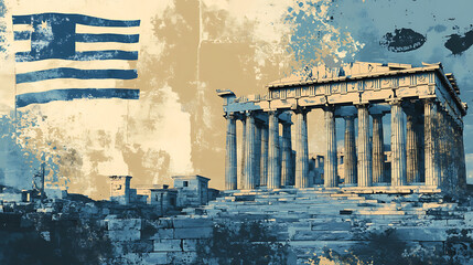 Illustration for greek independence day in a grunge style with greek symbols