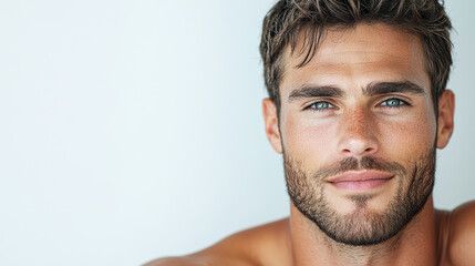 Obraz premium Confident man with blue eyes and charming smile against light background