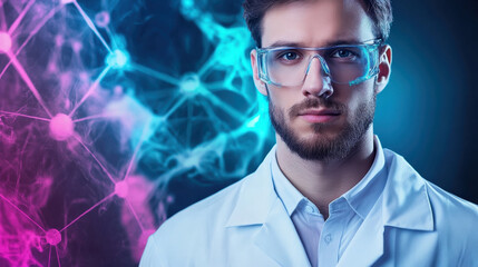 Innovative scientist in lab coat with glasses, exploring technology and research. background features colorful abstract patterns representing data and connections