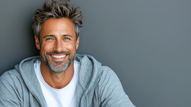 smiling man with charming expression wearing gray hoodie