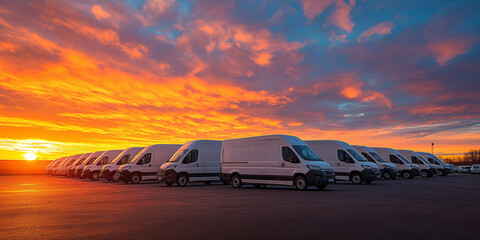 Delivery vans lined up at sunset industrial parking lot vehicle fleet evening sky wide-angle view logistics and transportation concept