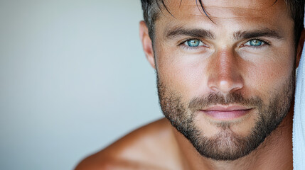 Obraz premium man with thoughtful gaze and striking blue eyes, showcasing confidence