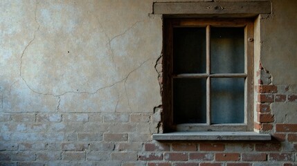 Rustic Weathered Brick Wall with Aged Wooden Window Frame and Cracked Plaster