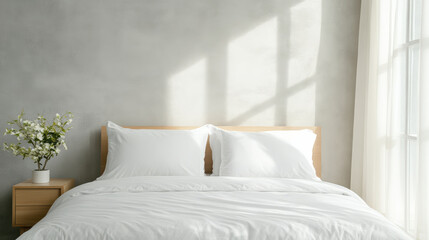 Modern bed with white bedding and minimalist decor in bright room